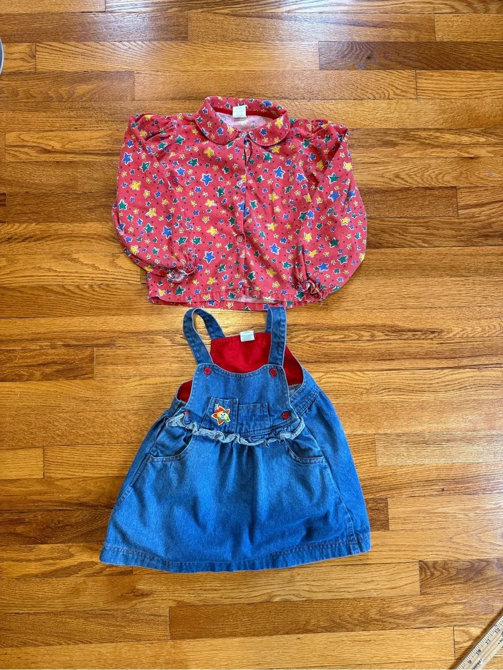 Vintage 90s Clown Denim Overalls Dress, Two Piece Stars Shirt Skirt (Youth 4)